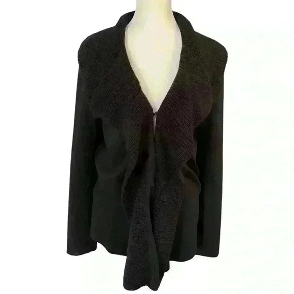 Dana Buchman Open Front Cardigan Flutter Lapel Size M/L Black Lightweight Fall - Picture 2 of 9